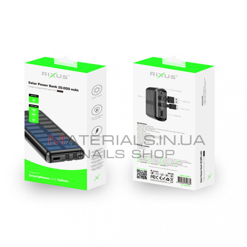 Power Bank Rixus RXPB47, 20000 мА·год, 22,5 Вт, вбудовані кабелі, сонячна панель