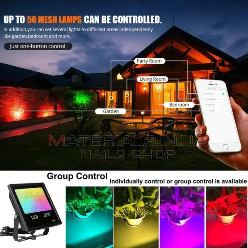 Светодиодный прожектор RGB, 60 Вт, управление через мобильное приложение, Bluetooth