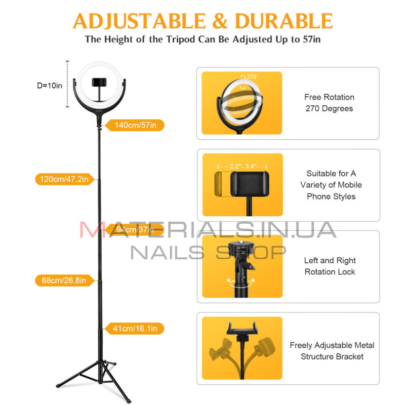 Кільцева LED-лампа CODN-539B, 26 см, 10″ + штатив Tripod (1,45 м) з тримачем + пульт ДК