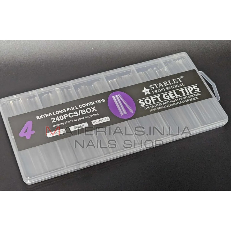 Типси гелеві Starlet Professional Soft Gel Tips 4, 240 шт., екстра довгий арочний квадрат, прозорі