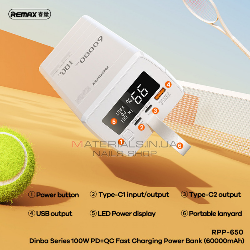 Power Bank 60000 mAh 100W— Remax RPP-650 100W PD+QC Fast charging — White Power Bank 60000 mAh 100W— Remax RPP-650 100W PD+QC Fast charging — White