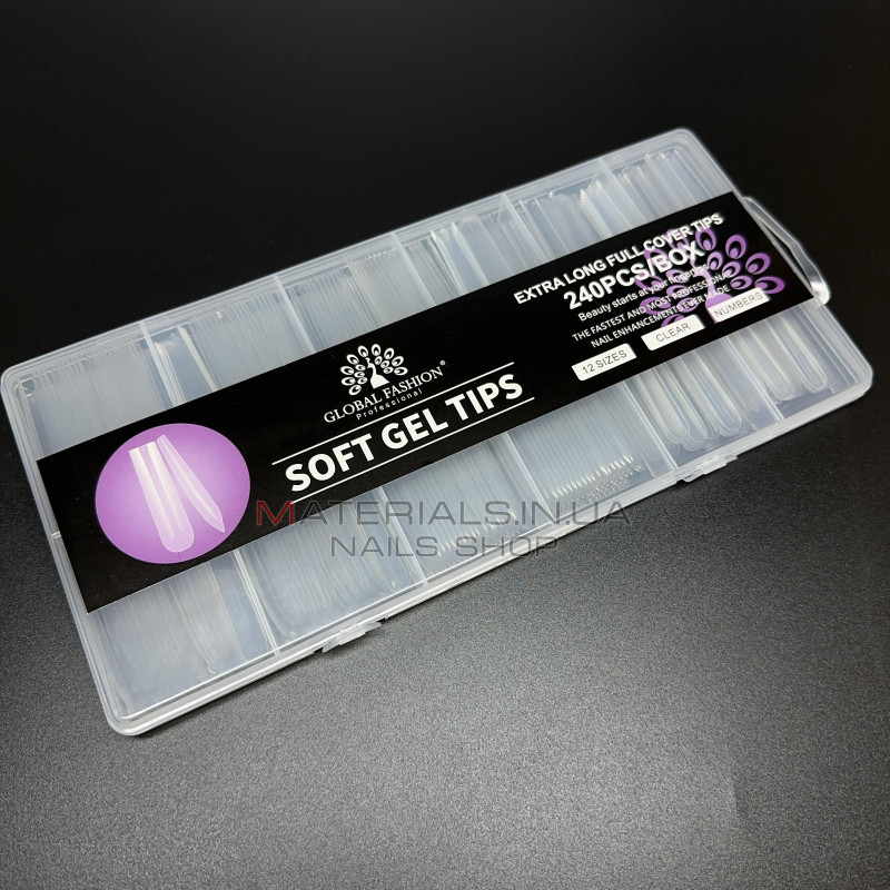 Типсы гелевые Global Fashion Soft Gel Tips 3, 240 шт., экстра длинный квадрат, прозрачные Типсы гелевые Global Fashion Soft Gel Tips 3, 240 шт., экстра длинный квадрат, прозрачные