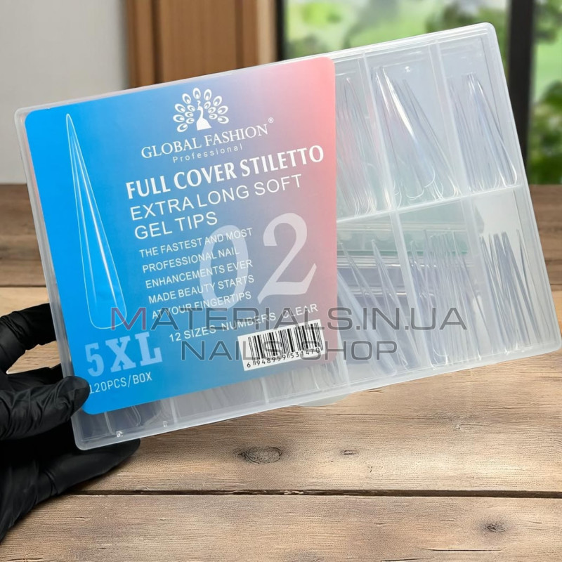 Гелеві типси Global 02 Full Cover Stiletto Extra Long Gel Tips 5XL – 120 шт (Прозорі)