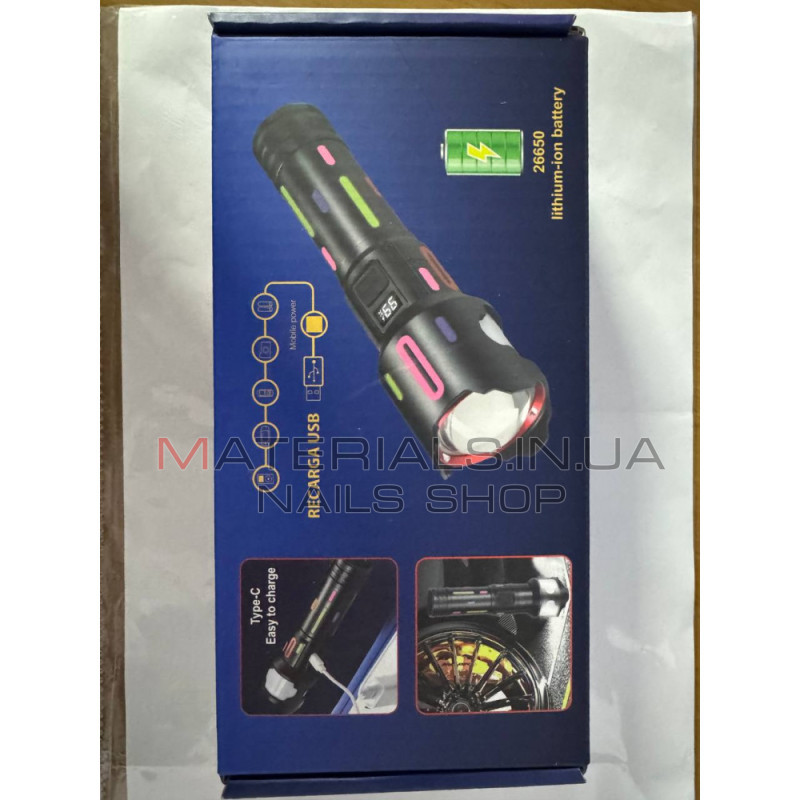 Акумуляторний ручний ліхтар L-2405-TG, USB-C, ZOOM, індикатор заряду, Power Bank, акумулятор 26650