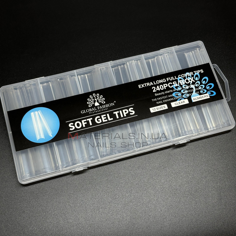 Типсы гелевые Global Fashion Soft Gel Tips 4, 240 шт., экстра длинный арочный квадрат, прозрачные Типсы гелевые Global Fashion Soft Gel Tips 4, 240 шт., экстра длинный арочный квадрат, прозрачные
