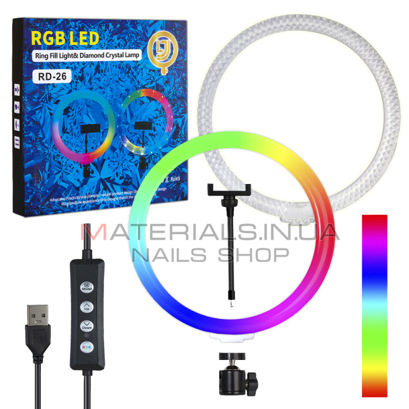 Кільцева LED-лампа 3D-26, RGB, 26 см, 10″, 96 світлодіодів, 18 RGB