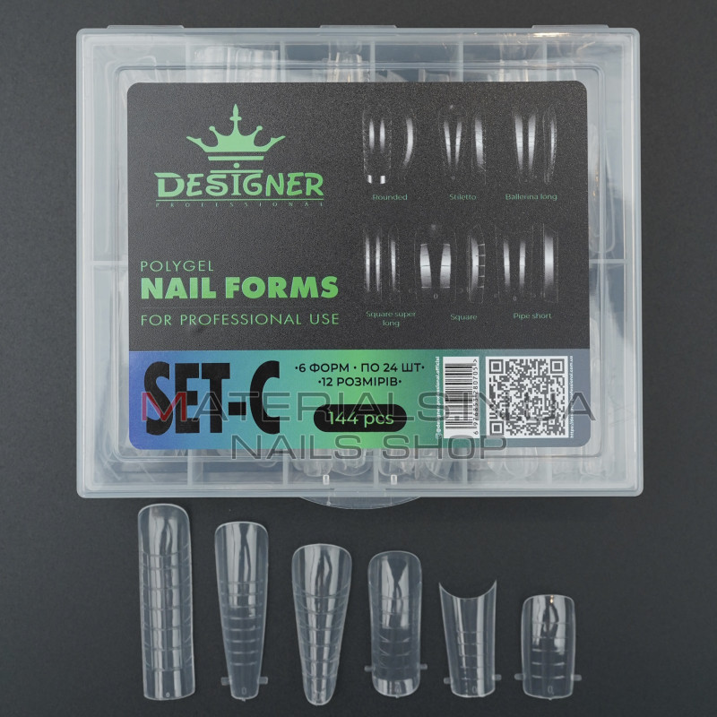 Polygel Nail Forms SET-C, 144 шт. (6 форм) - Верхні форми Дизайнер