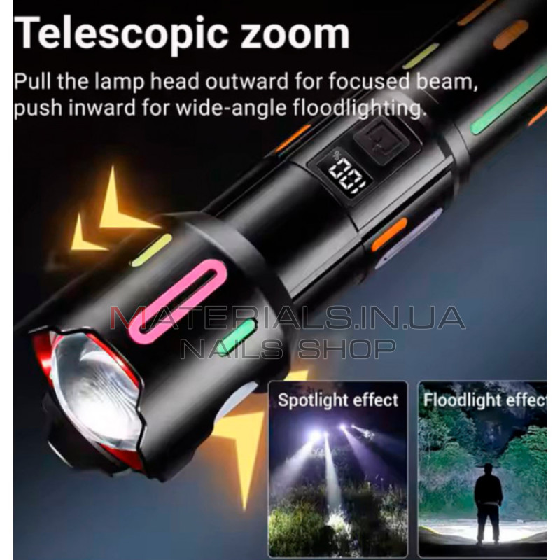Акумуляторний ручний ліхтар L-2405-TG, USB-C, ZOOM, індикатор заряду, Power Bank, акумулятор 26650