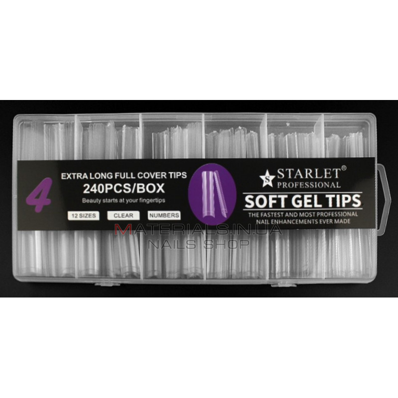 Типсы гелевые Starlet Professional Soft Gel Tips 4, 240 шт., экстра длинный арочный квадрат, прозрачные Типсы гелевые Starlet Professional Soft Gel Tips 4, 240 шт., экстра длинный арочный квадрат, прозрачные