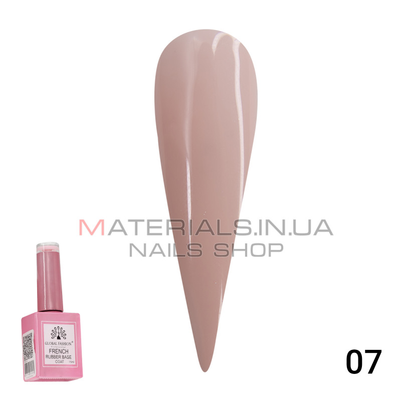 Каучуковая база для гель лака френч, Rubber Base Coat French, 15 мл., Global Fashion 07