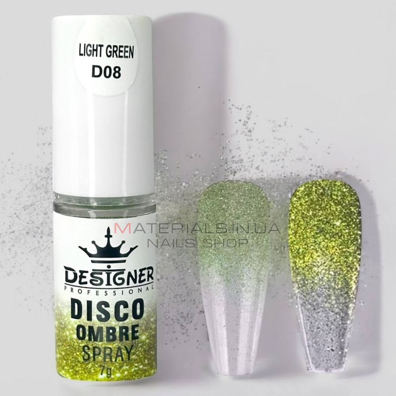 Disco Ombre Spray (7 г.) Light Green D08 - світловідбивна спрей пудра Дизайнер для створення омбре на нігтях Disco Ombre Spray (7 г.) Light Green D08 - світловідбивна спрей пудра Дизайнер для створення омбре на нігтях
