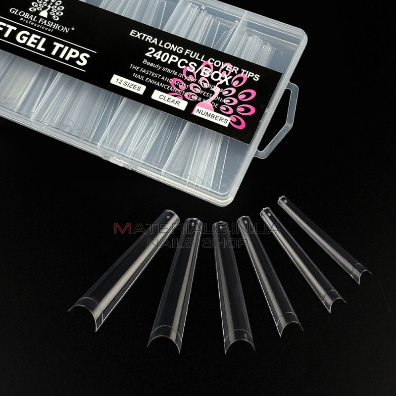 Типсы гелевые Global Fashion Soft Gel Tips 1, 240 шт., экстра длинная арочная балерина, прозрачные Типсы гелевые Global Fashion Soft Gel Tips 1, 240 шт., экстра длинная арочная балерина, прозрачные