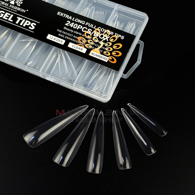 Типсы гелевые Global Fashion Soft Gel Tips 2, 240 шт., экстра длинный стилет, прозрачные Типсы гелевые Global Fashion Soft Gel Tips 2, 240 шт., экстра длинный стилет, прозрачные