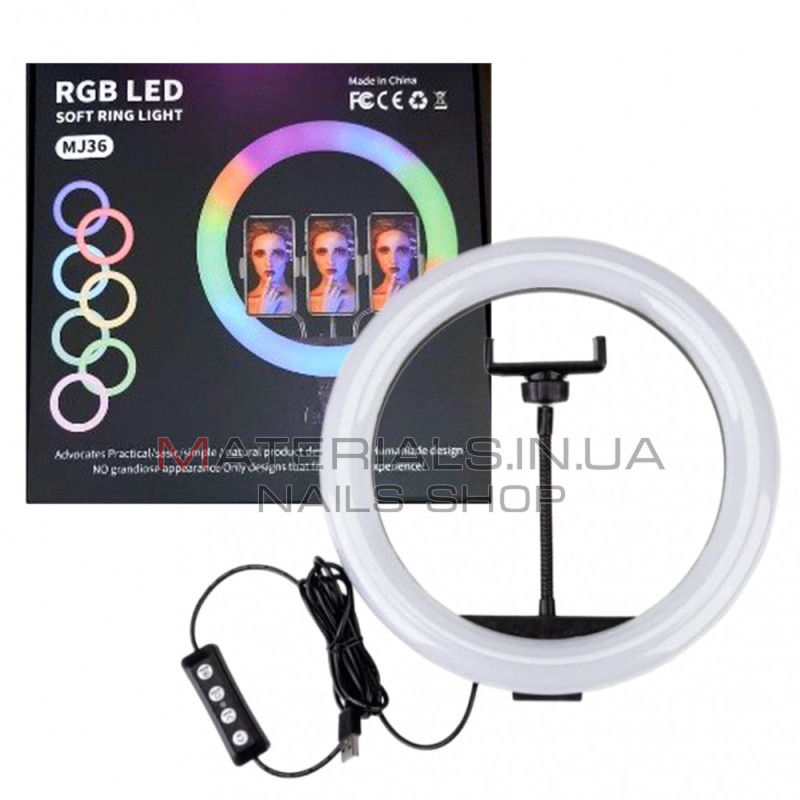 Кільцева LED-лампа MJ-36, Orig RGB, 36 см, 14″, 92 світлодіодів, 39 RGB, пульт ДК, 3 Holders