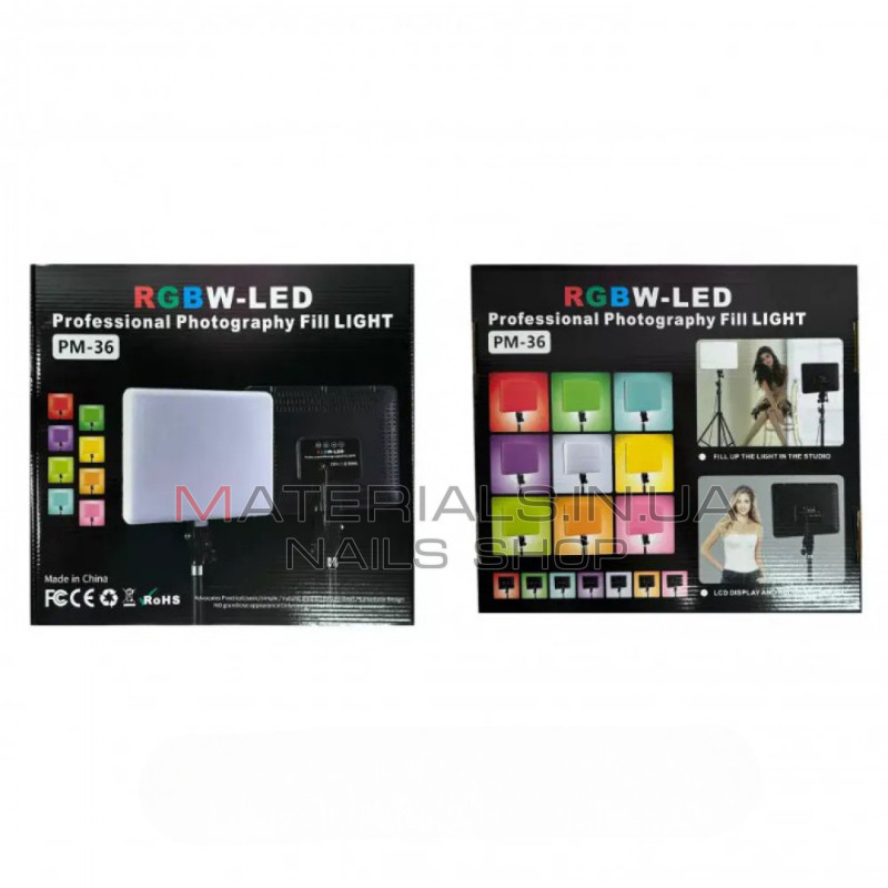 LED-відеосвітло PM-36, RGB, 36 × 25 см, 352 світлодіодів, 2700 K-6000 K, пульт ДК, адаптер