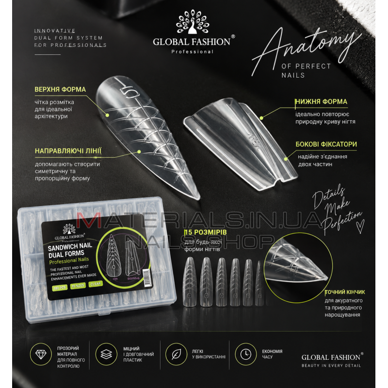 Верхні сендвіч-форми для нарощування нігтів Global Fashion, Sandwich Dual Nail Forms Stileto 180 шт