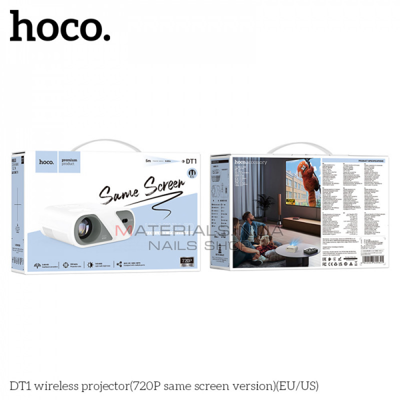 Беспроводной проектор Hoco DT1 720p с Wi-Fi 2.4G/5G, Bluetooth 5.0, HDMI/USB/AV, экран 20–200", 140 ANSI люмен Беспроводной проектор Hoco DT1 720p с Wi-Fi 2.4G/5G, Bluetooth 5.0, HDMI/USB/AV, экран 20–200", 140 ANSI люмен