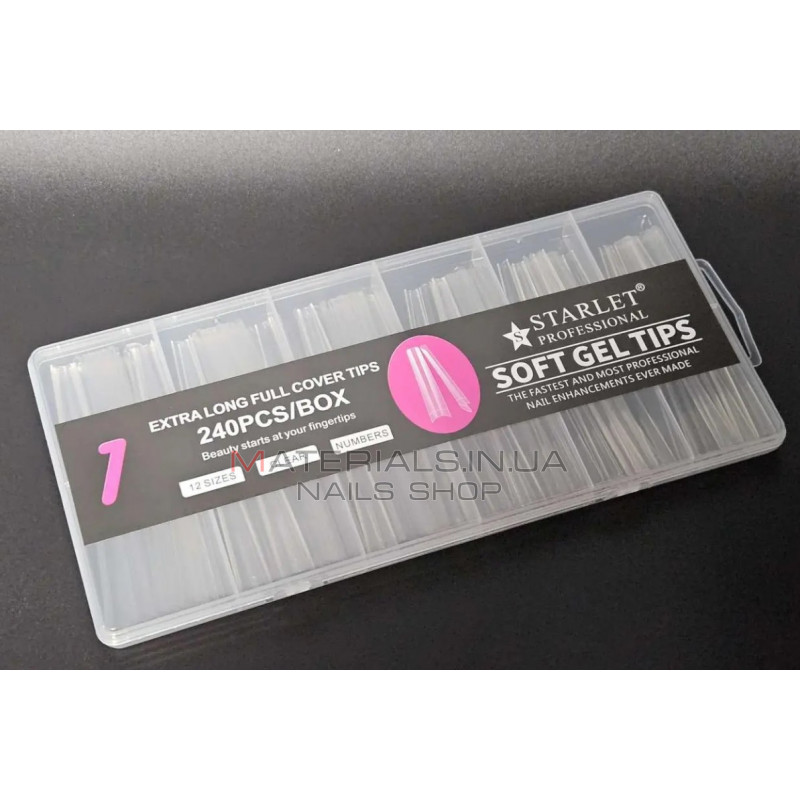 Типсы гелевые Starlet Professional Soft Gel Tips 1, 240 шт., экстра длинная арочная балерина, прозрачные Типсы гелевые Starlet Professional Soft Gel Tips 1, 240 шт., экстра длинная арочная балерина, прозрачные
