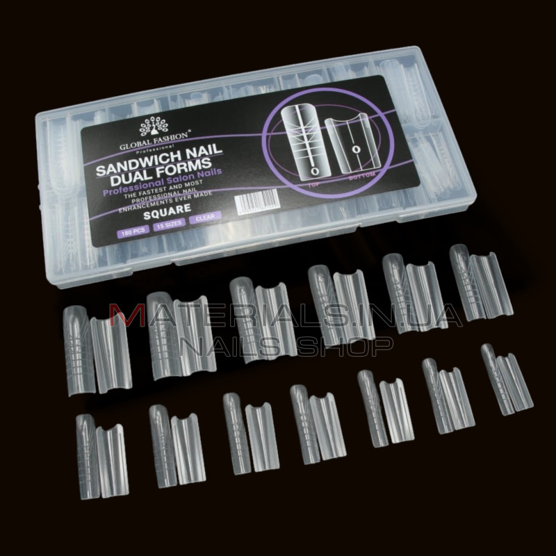 Верхні сендвіч-форми для нарощування нігтів Global Fashion Sandwich Dual Nail Forms Square (Квадрат) 180 шт.