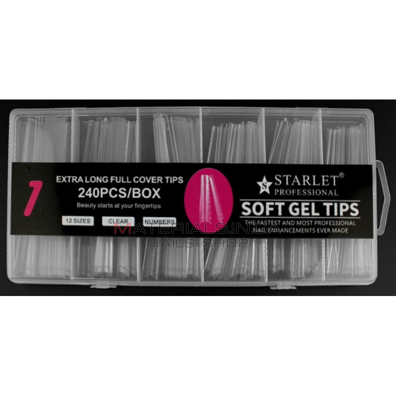 Типсы гелевые Starlet Professional Soft Gel Tips 1, 240 шт., экстра длинная арочная балерина, прозрачные Типсы гелевые Starlet Professional Soft Gel Tips 1, 240 шт., экстра длинная арочная балерина, прозрачные
