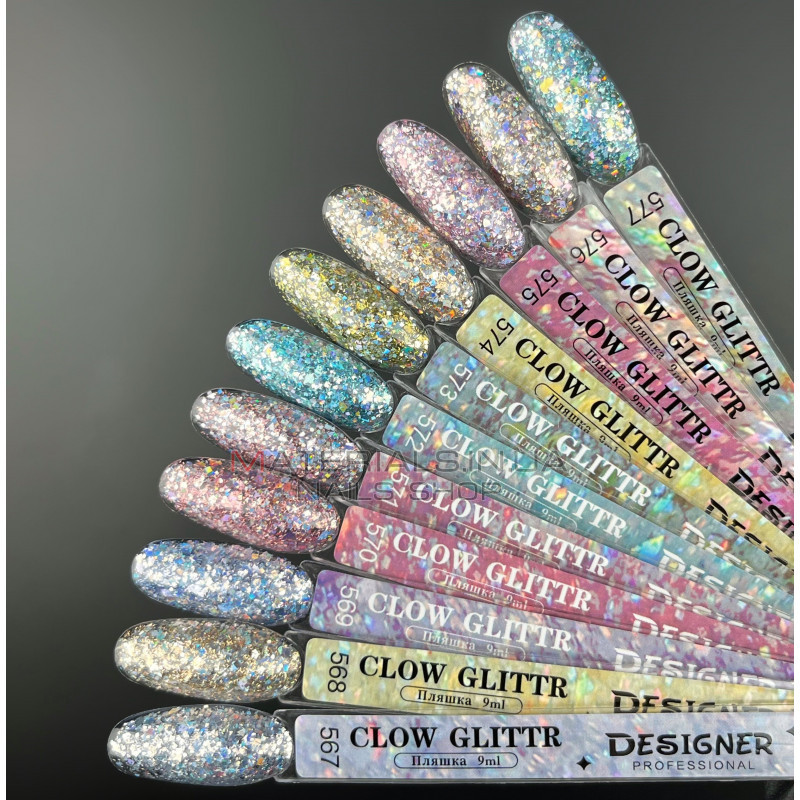 Гель лак Clow Glitter 567 Дизайнер (9мл.) - с хлопьями хамелеон разных размеров и глиттером