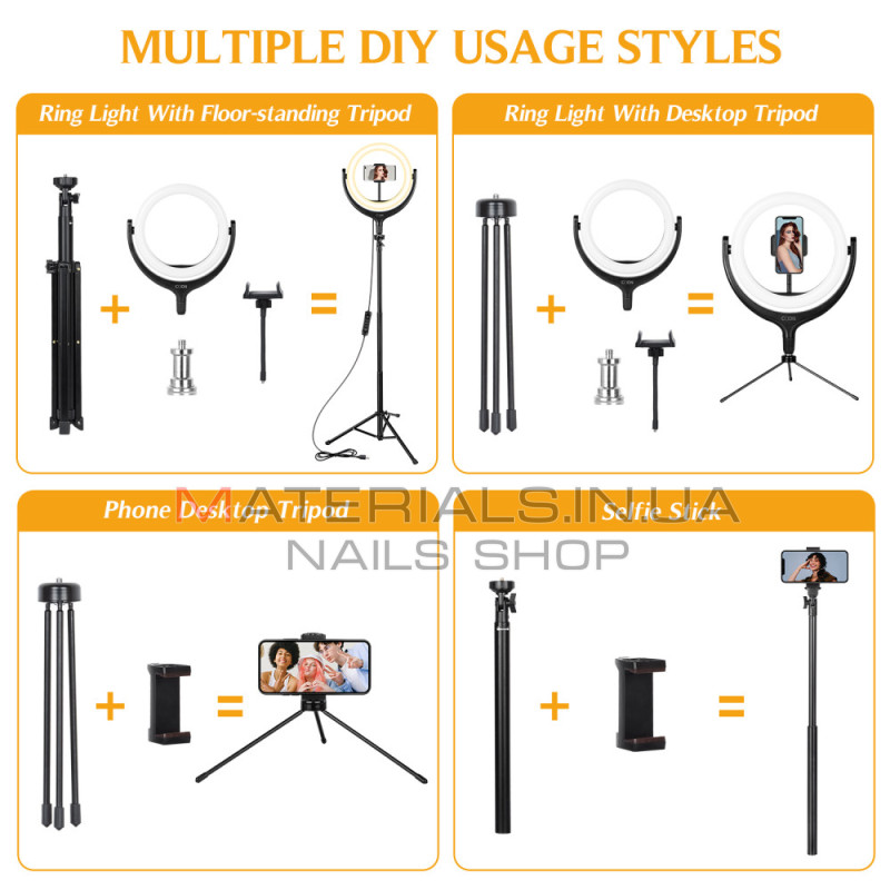 Кільцева LED-лампа CODN-539B, 26 см, 10″ + штатив Tripod (1,45 м) з тримачем + пульт ДК