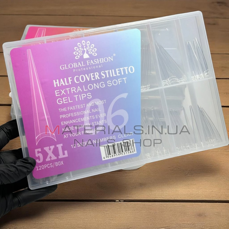 Гелеві типси Global 06 Half Cover Stiletto Extra Long Gel Tips 5XL – 120 шт (Прозорі)