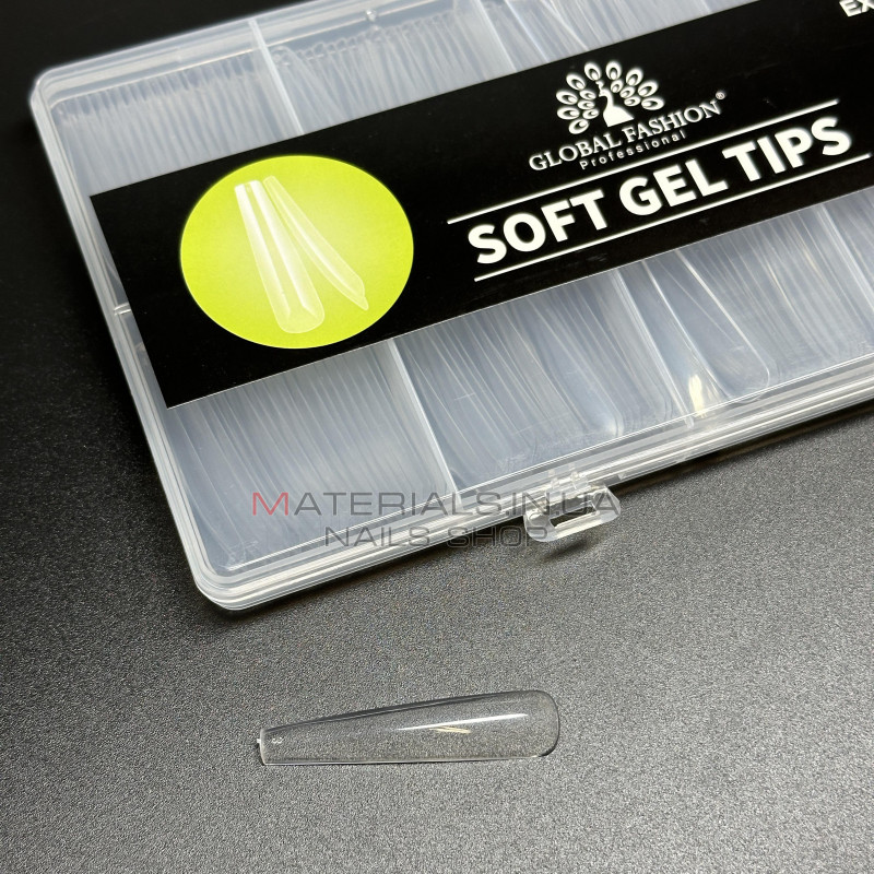 Типсы гелевые Global Fashion Soft Gel Tips 5, 240 шт., экстра длинная балерина, прозрачные Типсы гелевые Global Fashion Soft Gel Tips 5, 240 шт., экстра длинная балерина, прозрачные