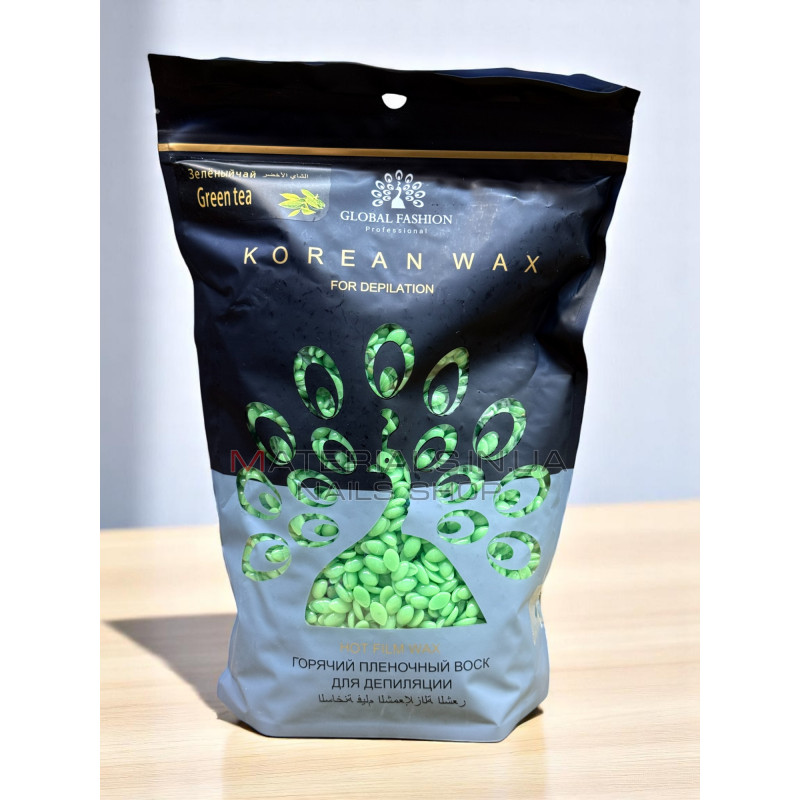 Гарячий пленочний віск Global Fashion Korean Wax, Зелений чай, 1 кг Гарячий пленочний віск Global Fashion Korean Wax, Зелений чай, 1 кг