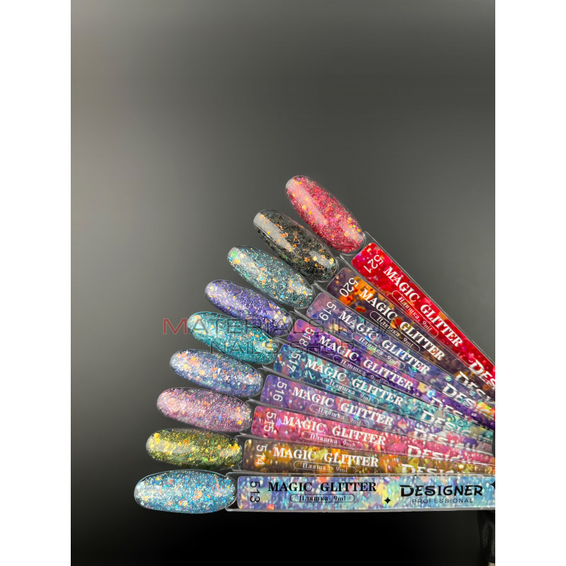 Гель лак Magic glitter 513 Дизайнер (9мл.) - с хлопьями разных размеров и блестками хамелеон