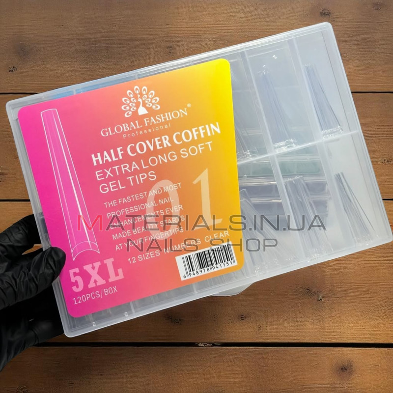 Гелеві типси Global 01 Half Cover Coffin Extra Long Gel Tips 5XL – 120 шт (Прозорі)