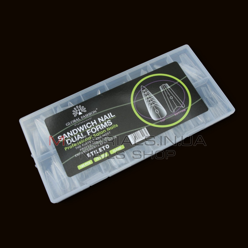 Верхні сендвіч-форми для нарощування нігтів Global Fashion, Sandwich Dual Nail Forms Stileto 180 шт