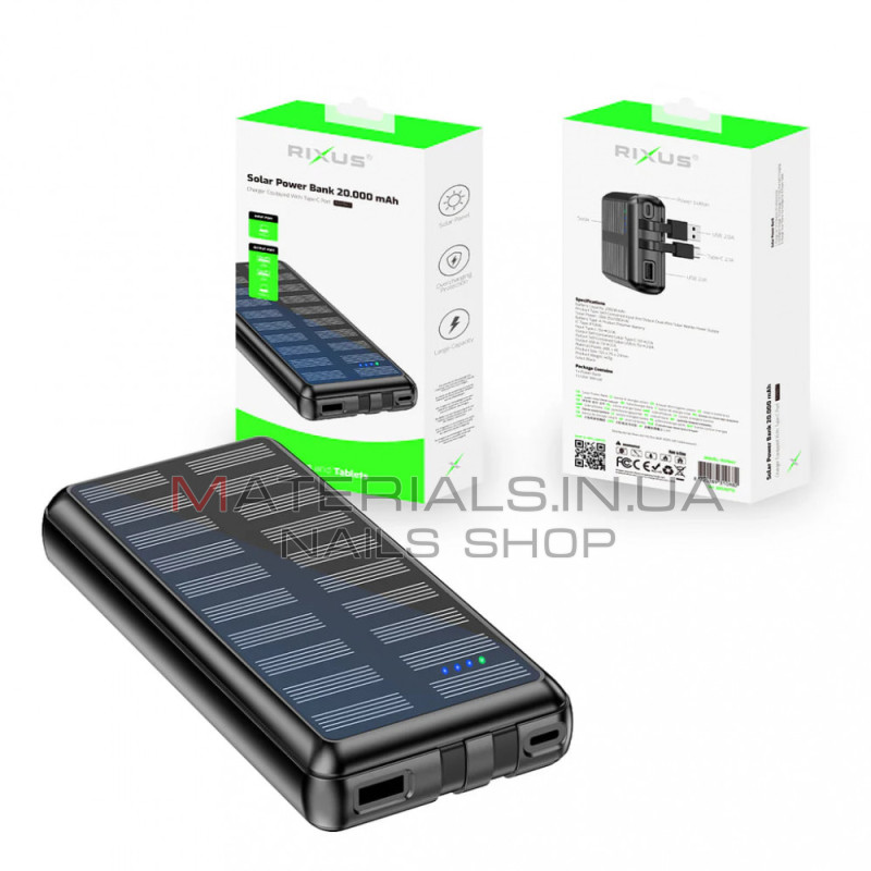 Power Bank Rixus RXPB47, 20000 мА·год, 22,5 Вт, вбудовані кабелі, сонячна панель