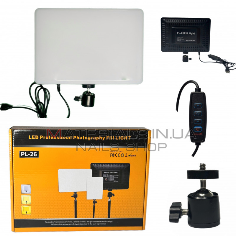 LED-відеосвітло PL-26, USB 23 × 16 см, 240 світлодіодів, 3200 K-5600 K, пульт ДК