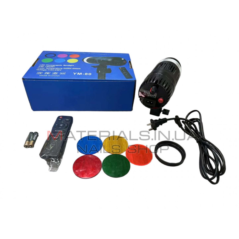 Студійний LED-прожектор YM-80, RGB, 18 × 7,5 см, RGB, 5 колір, 3200 K-6500 K, пульт ДК