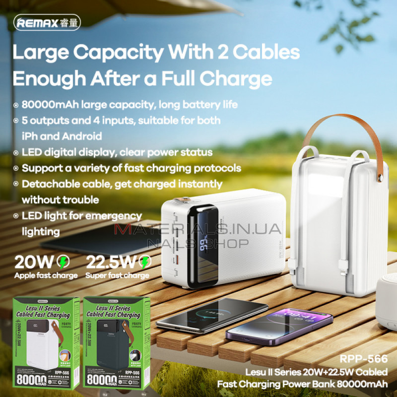 Power Bank 80000 mAh 22.5W+ 20W— Remax RPP-566  Fast charging  — Gray