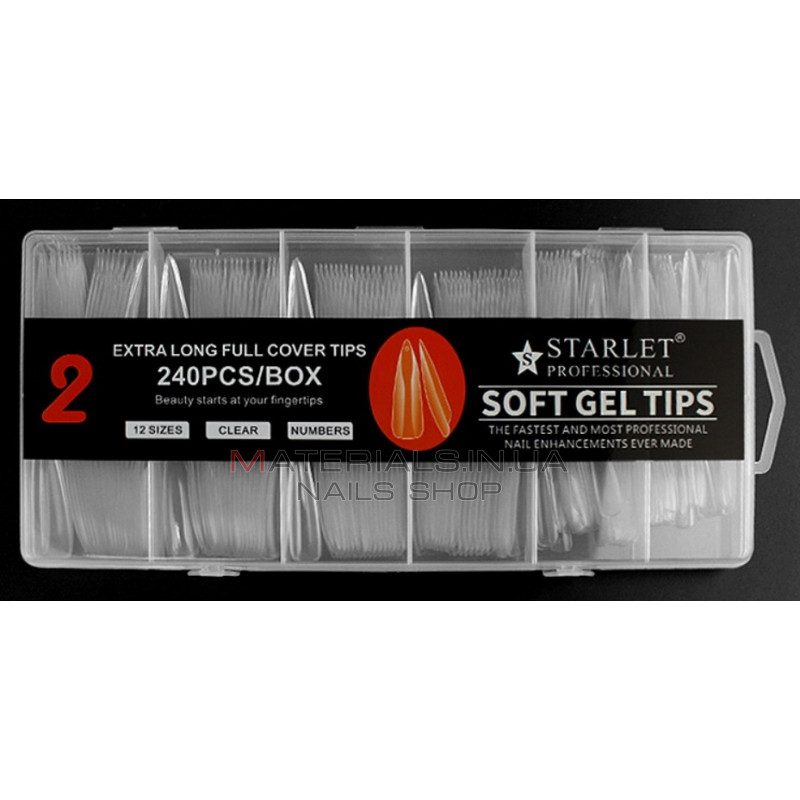 Типсы гелевые Starlet Professional Soft Gel Tips 2, 240 шт., экстра длинный стилет, прозрачные Типсы гелевые Starlet Professional Soft Gel Tips 2, 240 шт., экстра длинный стилет, прозрачные