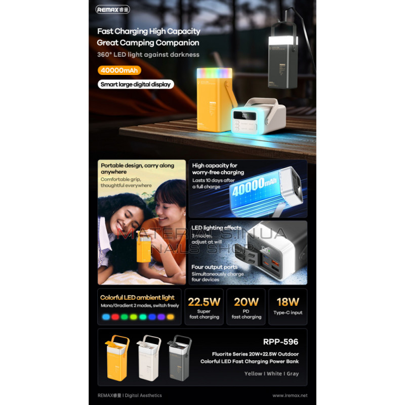 Power Bank 40000 mAh 22.5W+ 20W— Remax RPP-596 Colorful LED Fast charging — Gray Power Bank 40000 mAh 22.5W+ 20W— Remax RPP-596 Colorful LED Fast charging — Gray
