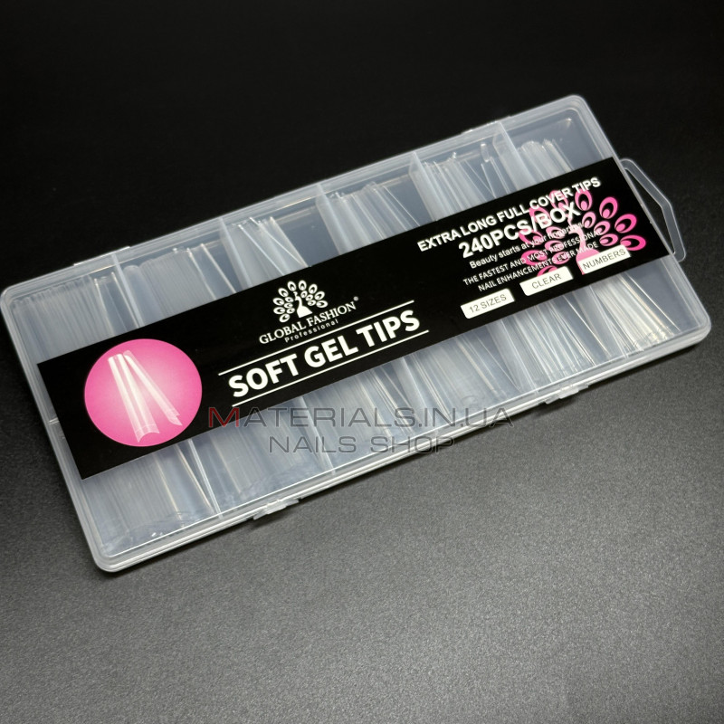Типсы гелевые Global Fashion Soft Gel Tips 1, 240 шт., экстра длинная арочная балерина, прозрачные Типсы гелевые Global Fashion Soft Gel Tips 1, 240 шт., экстра длинная арочная балерина, прозрачные