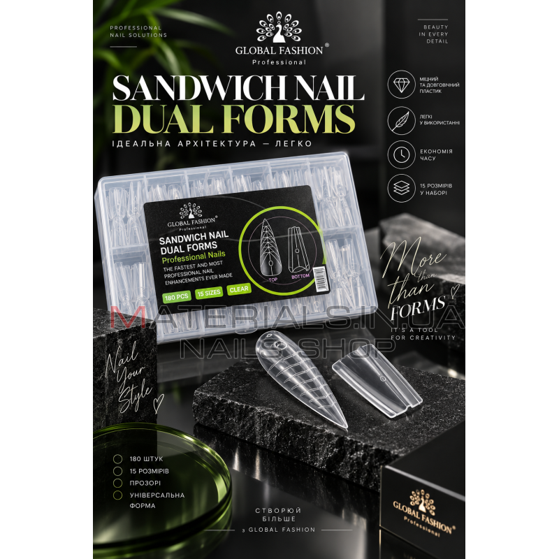 Верхні сендвіч-форми для нарощування нігтів Global Fashion, Sandwich Dual Nail Forms Stileto 180 шт