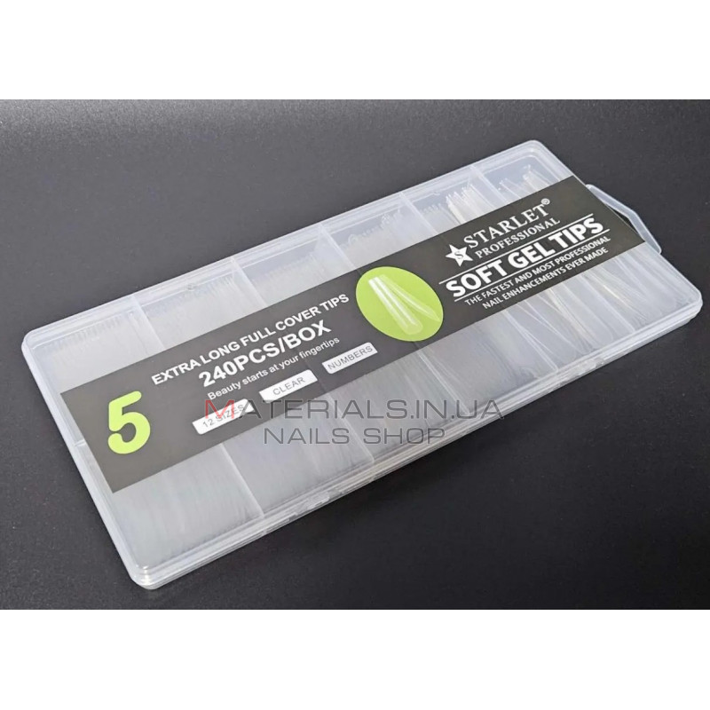 Типсы гелевые Starlet Professional Soft Gel Tips 5, 240 шт., экстра длинная балерина, прозрачные Типсы гелевые Starlet Professional Soft Gel Tips 5, 240 шт., экстра длинная балерина, прозрачные