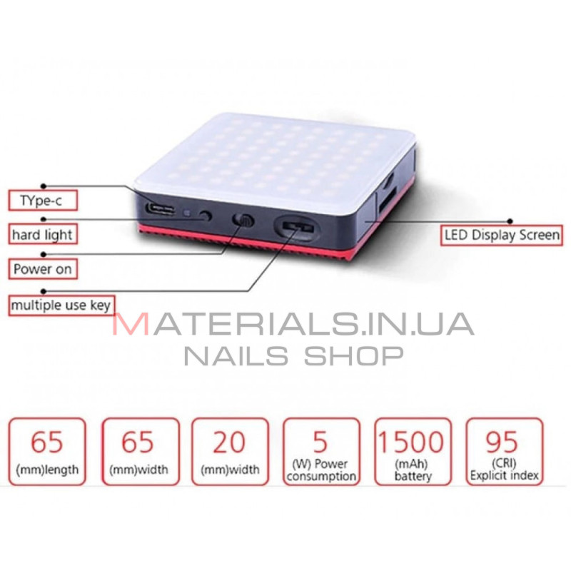 Накамерный видеосвет LED — HF-64B (500 LM/3200K-5600K/LED 64 PCS/Battery 1500 mah)  Led Display/Type-c+ power bank