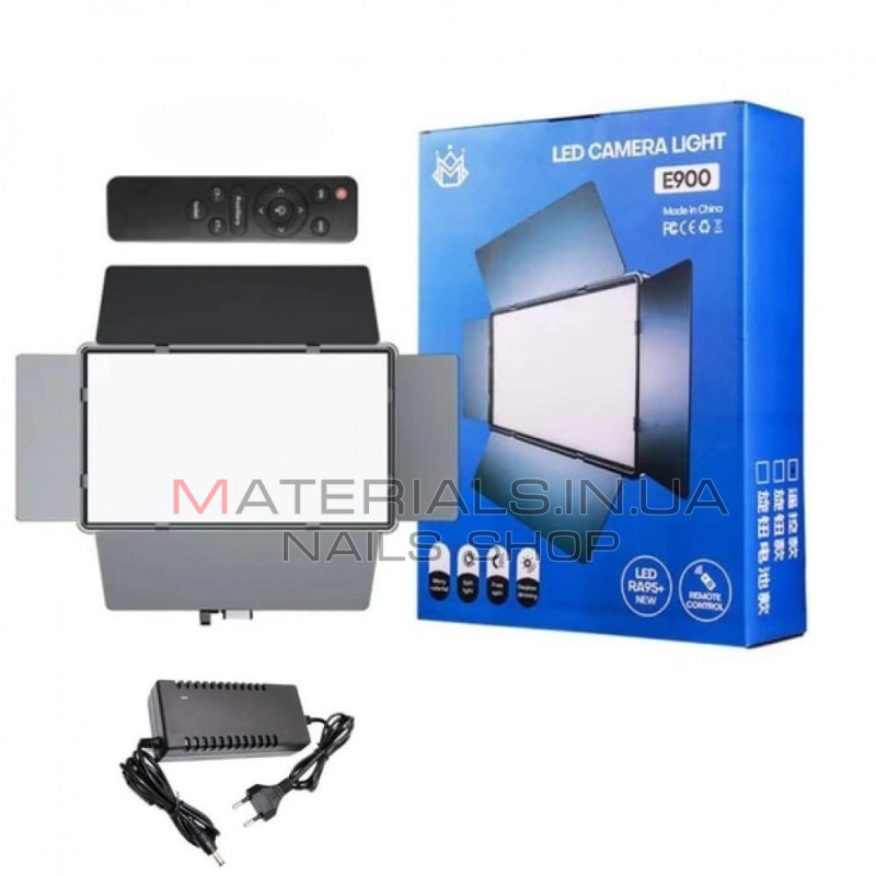 LED-відеосвітло E900, with display, 30 × 17 см, 768 світлодіодів, 3000 K-6500 K, пульт ДК