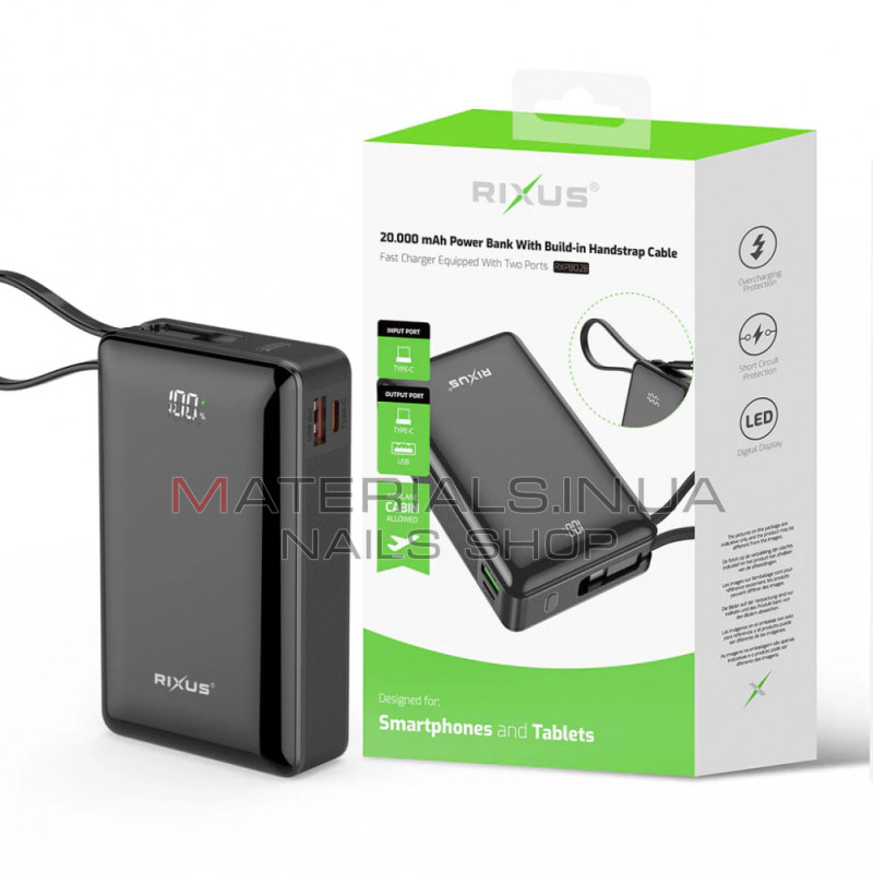 Power Bank Rixus RXPB02B, 20000 мА·год, 22,5 Вт, вбудований кабель USB-C