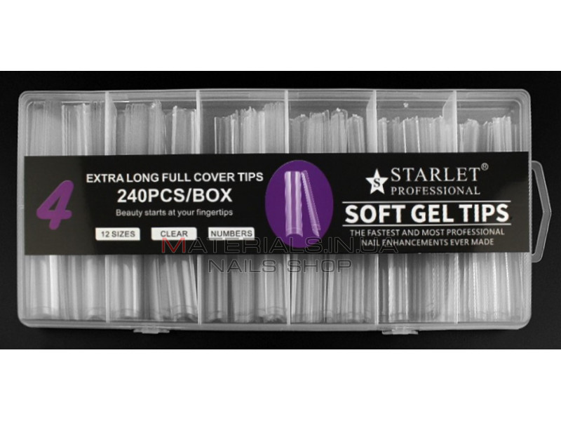 Типсы гелевые Starlet Professional Soft Gel Tips 4, 240 шт., экстра длинный арочный квадрат, прозрачные