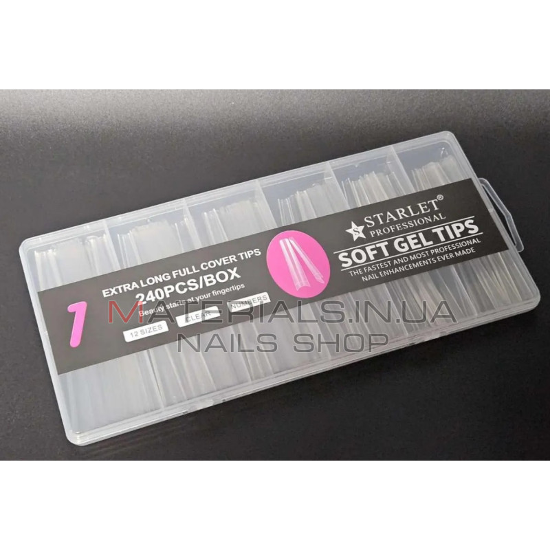 Типси гелеві Starlet Professional Soft Gel Tips 1, 240 шт., екстра довга арочна балерина, прозорі