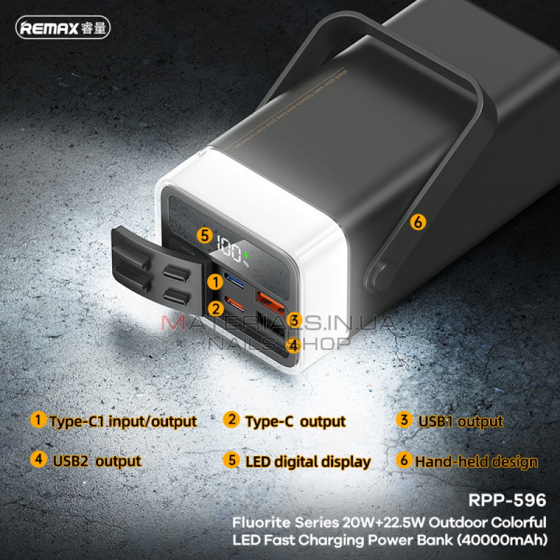 Power Bank 40000 mAh 22.5W+ 20W— Remax RPP-596 Colorful LED Fast charging — Gray Power Bank 40000 mAh 22.5W+ 20W— Remax RPP-596 Colorful LED Fast charging — Gray