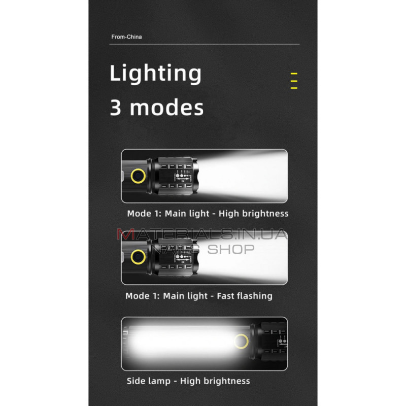 Фонарь ручной Аккумуляторный LED C73 с боковым диодом три режима работы, основной свет, боковой LED свет и стробоскоп Фонарь ручной Аккумуляторный LED C73 с боковым диодом три режима работы, основной свет, боковой LED свет и стробоскоп