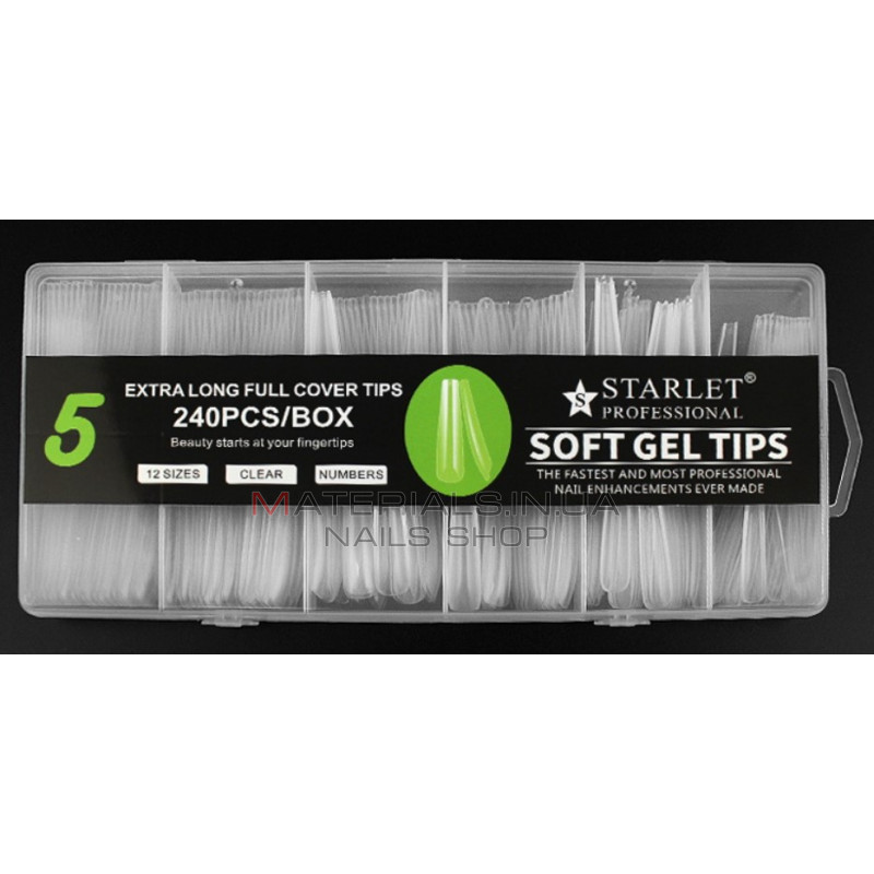 Типсы гелевые Starlet Professional Soft Gel Tips 5, 240 шт., экстра длинная балерина, прозрачные Типсы гелевые Starlet Professional Soft Gel Tips 5, 240 шт., экстра длинная балерина, прозрачные