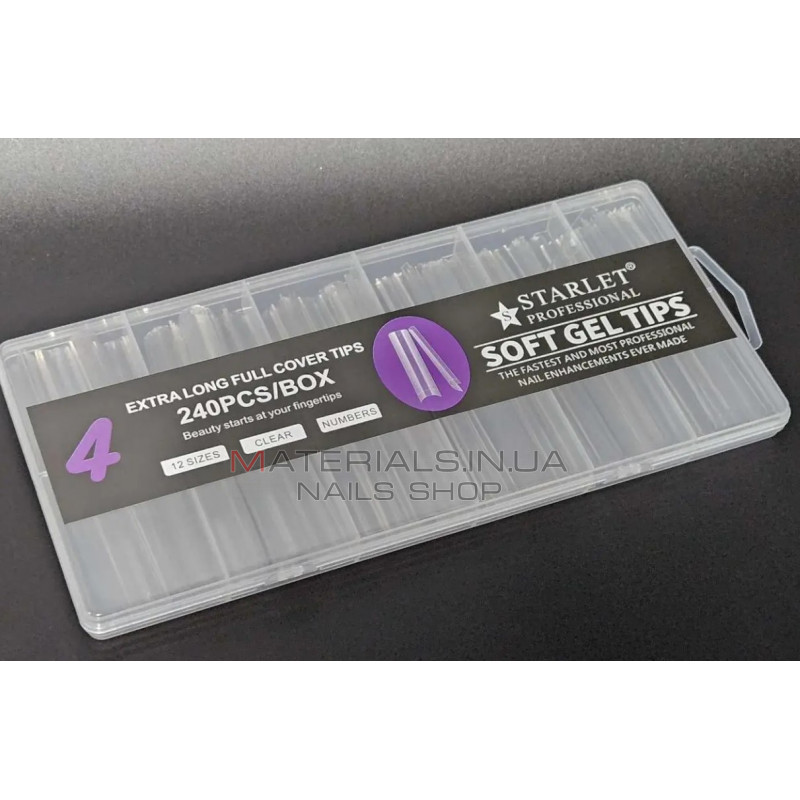 Типсы гелевые Starlet Professional Soft Gel Tips 4, 240 шт., экстра длинный арочный квадрат, прозрачные Типсы гелевые Starlet Professional Soft Gel Tips 4, 240 шт., экстра длинный арочный квадрат, прозрачные